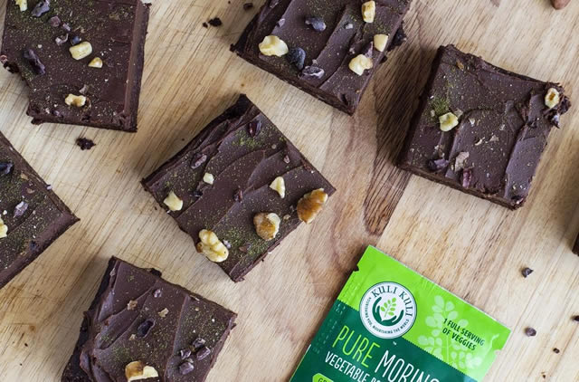 healthy brownies made with moringa powder, almonds, and walnuts